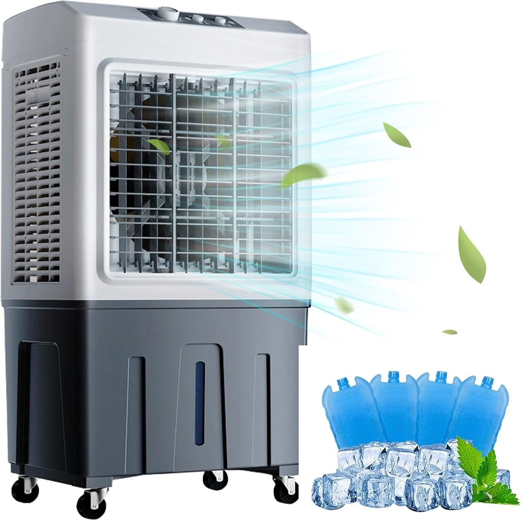 Portable Swamp Cooler, 3 in 1 Evaporative Air Cooler with 50L Water Tank, Air Conditioner Fan with 3 Speeds, 110° Oscillation, 4 Ice Packs, Universal Wheels, Energy Saved Cooling Fan