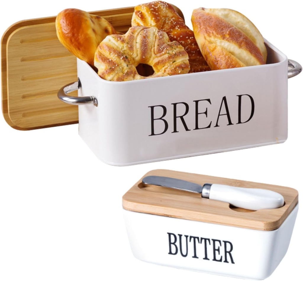 bangminda Kitchen Countertop Bread Box & Butter Dish with Bamboo Lid, Large Metal Bread Container with Handle/Ceramic Butter Holder with Stainless Steel Knife (White)