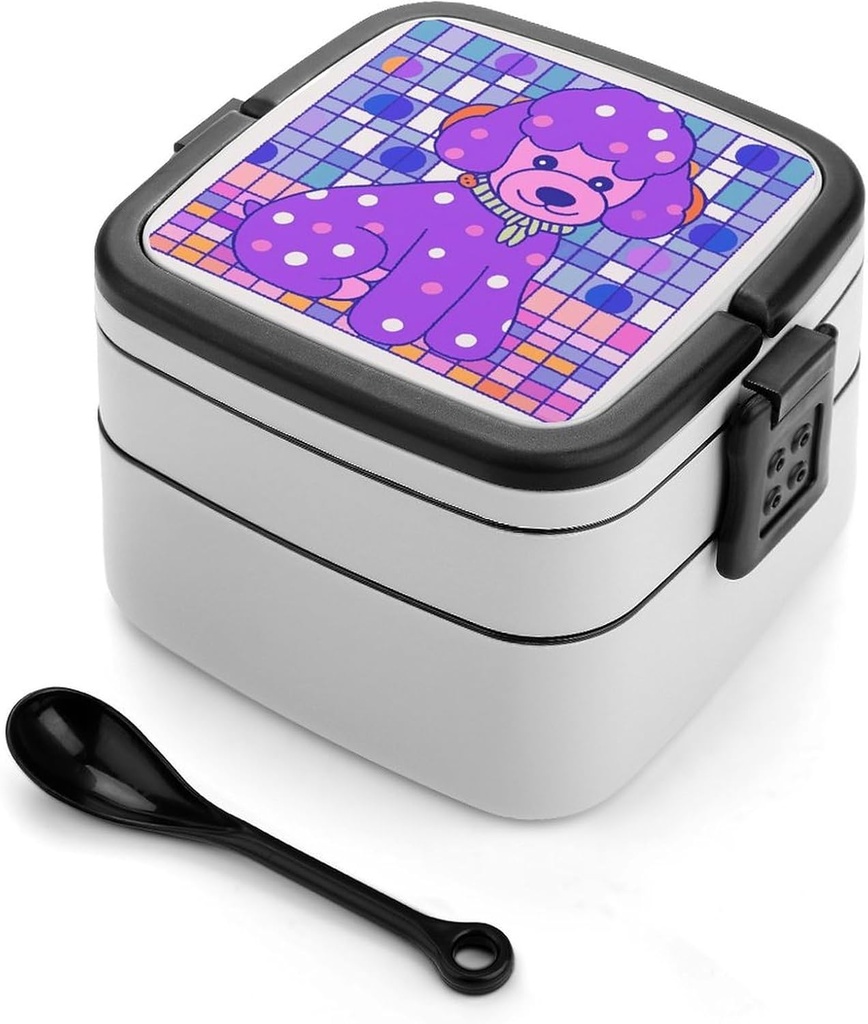 Purple Poodle Polka Dots Bento Box with Spoon, 2-layer Stackable Lunch Box Leak Proof with Invisible Handle, Insulated Food Storage for Office, Picnic & Travel