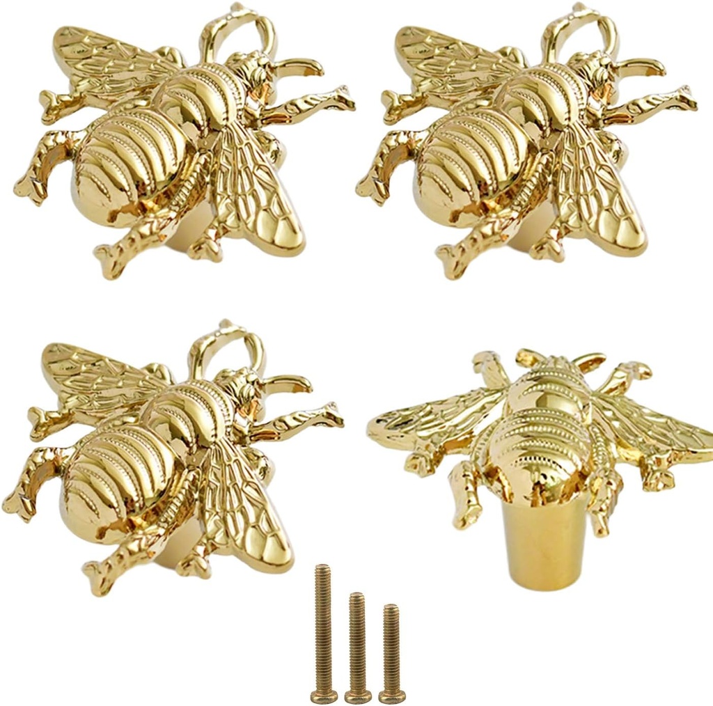 4PCS Brass Brushed Gold Cabinet Drawer Knob, Pulls Gold Cabinet Drawer Closet Kitchen Wardrobe Dresser Door Handles Knob Pulls Bee Animal Insect Decorate Unique Personality Knobs Pull