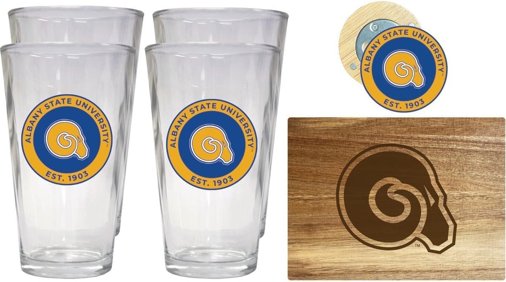 R and R Imports Albany State University Officially Licensed Kitchen Pack - Wood Cutting Board, 4 Pint Glasses & Magnetic Bottle Opener