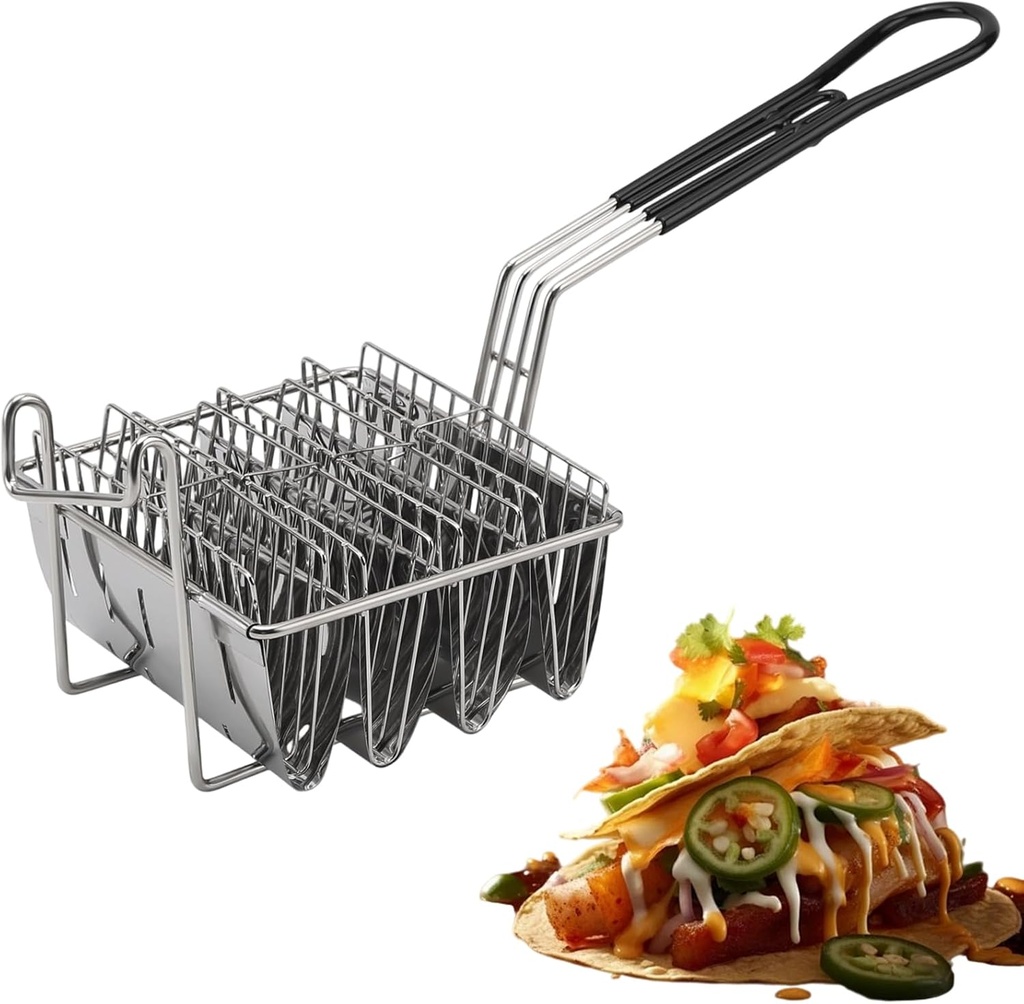 FAMKIT Tortilla Fry Basket, 4 Shells Taco Fryer Basket, Food Grade Stainless Steel Kitchen Deep Fryer Taco Holder V-Shaped Taco Shell Mold with with Grip Handle for Kitchen Fried Chicken Shops