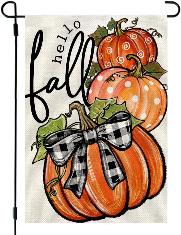 CROWNED BEAUTY Hello Fall Garden Flag Pumpkins 12x18 Inch Double Sided for Outside Burlap Small Seasonal Autumn Yard Decoration