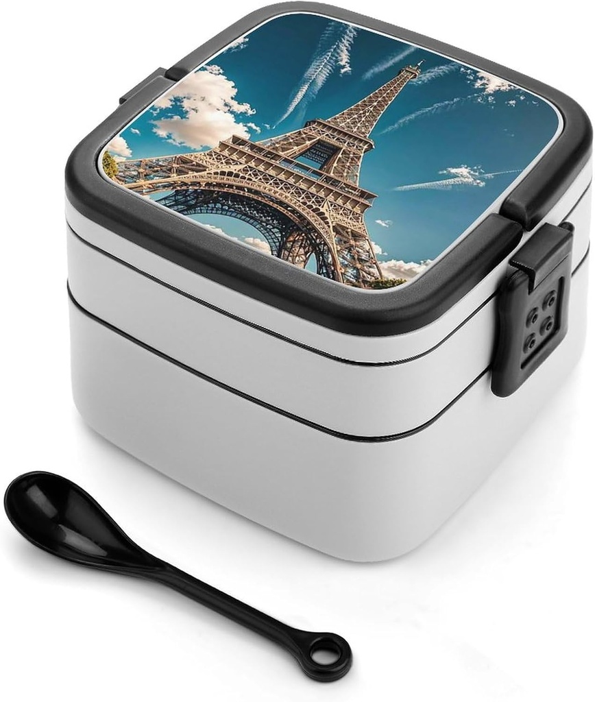 The Towering Iron Tower Bento Box Leak-Proof Double Layered Lunch Containers with Spoons And Invisible Handle, Portable Lunch Boxes for Work Picnic Travel