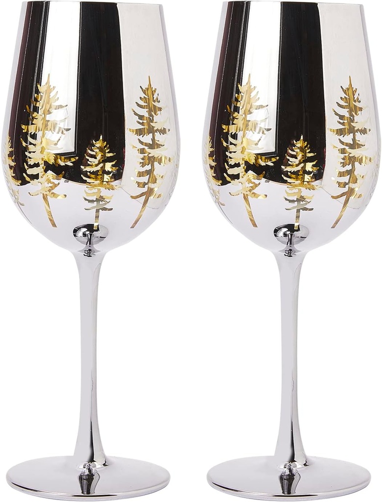 Crystal Christmas Tree Stemmed Wine & Water Glasses - Set of 2 - Holiday Themed Vibrant Gold Etched Winter Snow Wonderland Frosted Glass, Perfect For Seasonal Parties, Gifts for Him & Her Trees Décor