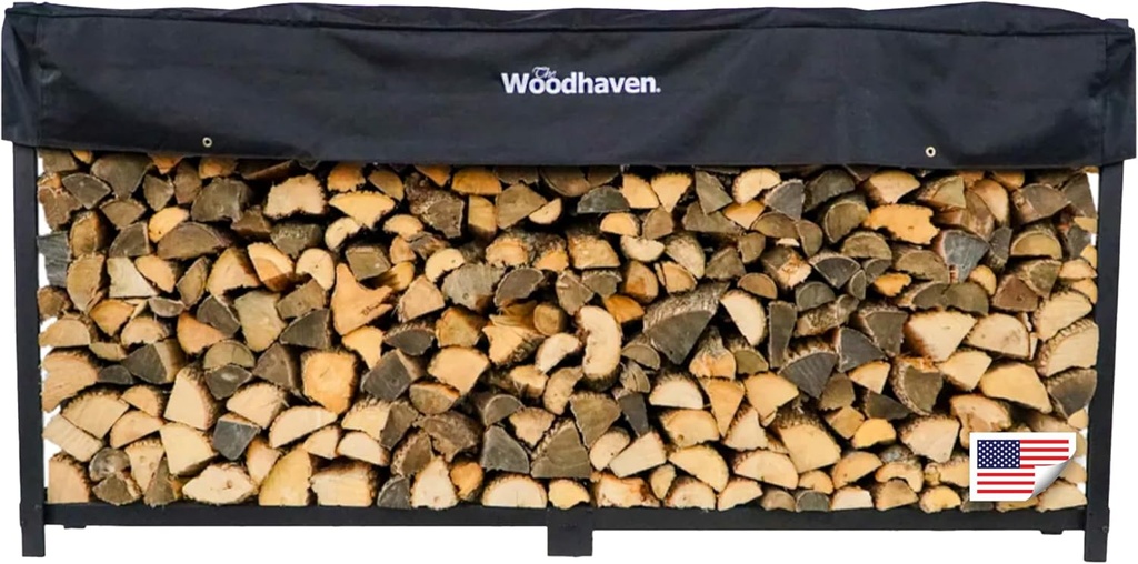 Woodhaven 8-Foot Firewood Rack – American Brand – 1/2 Cord Raised Lumber Storage Rack – Keeps Wood Dry & Ready – Heavy-Duty Steel, Lifetime Structural Warranty (With Cover)