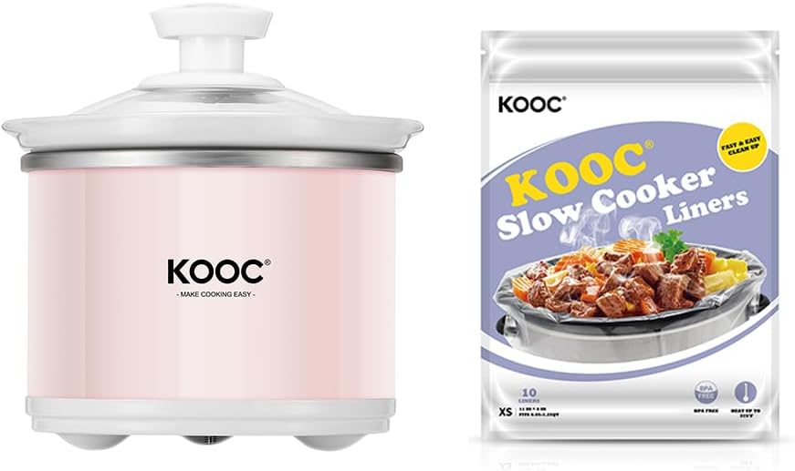 KOOC Small Slow Cooker, 0.65-Quart, Stainless Steel, Pink, Round+Slow Cooker Liners, 10 Count Small Size Disposable Slow Cooker Liners Plastic Bags Fit 0.65QT-1.25QT for Slow Cooker