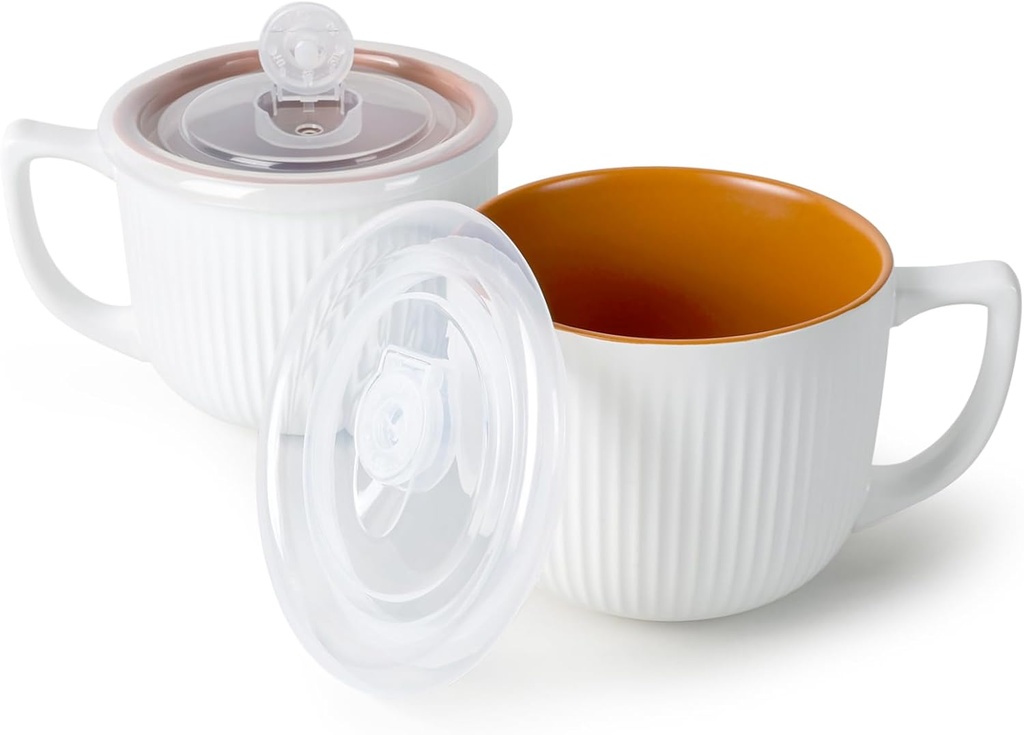 Ceramic Soup Bowls with Vented Lid, 32 Ounce Soup Mug with Handle, 2packs 5 inch Jumbo Soup Cups, Wide Large Cereal Bowl for Oatmeal, Gumbo Salad, Microwave Oven Safe (Maple Brown Inside)