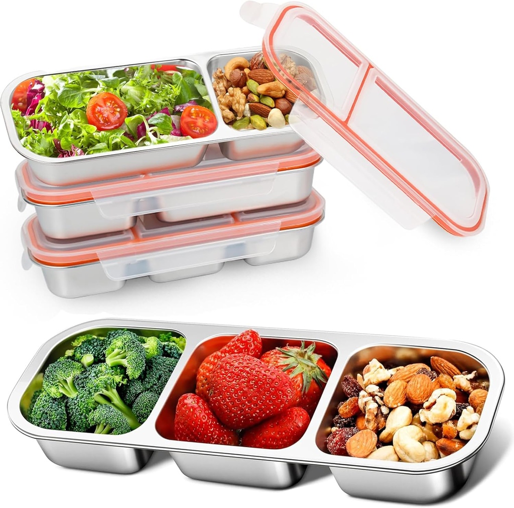 4Pack Stainless Steel Snack Containers Reusable 3 Compartment Snack Containers with Lids, Leak Proof Metal Lunch Box, Stackable bento Box for Home,Travel