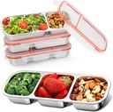 4Pack Stainless Steel Snack Containers Reusable 3 Compartment Snack Containers with Lids, Leak Proof Metal Lunch Box, Stackable bento Box for Home,Travel