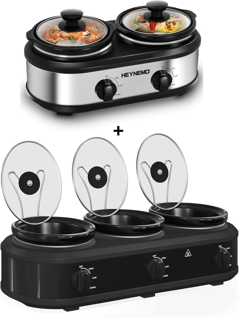 Triple Slow Cooker & Double Slow Cooker, Slow Cooker Food Warmer, Adjustable Temp Dishwasher Safe Removable Ceramic Pot Glass Lid