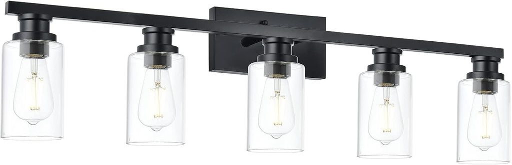 VINLUZ 5 Head Vintage Bathroom Light Fixtures in Black Finish,Farmhouse Vanity Lights Wall Sconces Lighting Clear Cylinder Glass Shade for Mirror Hallway