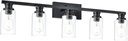 VINLUZ 5 Head Vintage Bathroom Light Fixtures in Black Finish,Farmhouse Vanity Lights Wall Sconces Lighting Clear Cylinder Glass Shade for Mirror Hallway