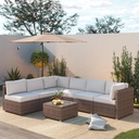 7 Piece Patio Furniture Set, Outdoor Couch Set—All-Weather Outdoor Furniture Sectional w Water Resistant Thick Cushions, Patio Sofa Set w 2 Extra Pillows and Coffee Table (Beige & Brown, 7PCS)