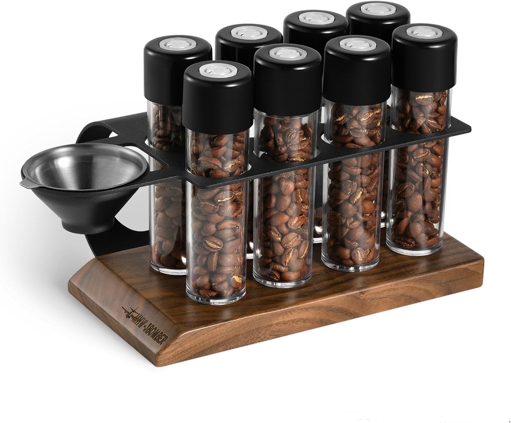 MHW-3BOMBER Single Dose Coffee Bean Storage Tubes, 8 pcs, Coffee Bean Cellars with One-Way Exhaust Valve,Espresso Dosing Vials with Walnut Stand & Hopper, C5152-OS