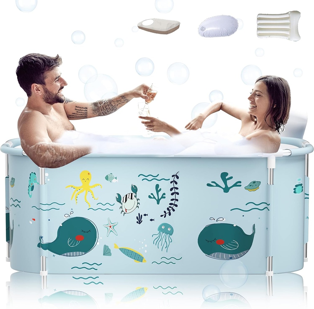 53" Extra Large Portable Foldable Bathtub with Metal Frame for Adult, Family SPA Soaking Tub with Cover for Small Bathroom, Thicken Multiple Layer Bathtub with Lid (53" Ocean with Metal Frame)