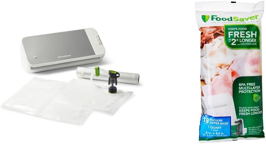 FoodSaver Vacuum Sealer Machine Bundle with Sealer Bags, Roll, Bag Storage, Cutter Bar, Handheld Vacuum Sealer, and 1-Quart BPA-Free Multilayer Construction Vacuum Zipper Bags