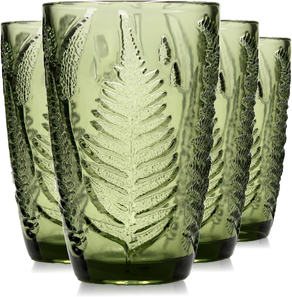 Green Drinking Glasses Set Of 4-12 Oz Hand Blown Vintage Drinking Glasses, Boho Aesthetic Antique Glassware, Colored Cute Glass Cups, Textured Highball Water Tumbler, Unique Retro Drinkware Gift