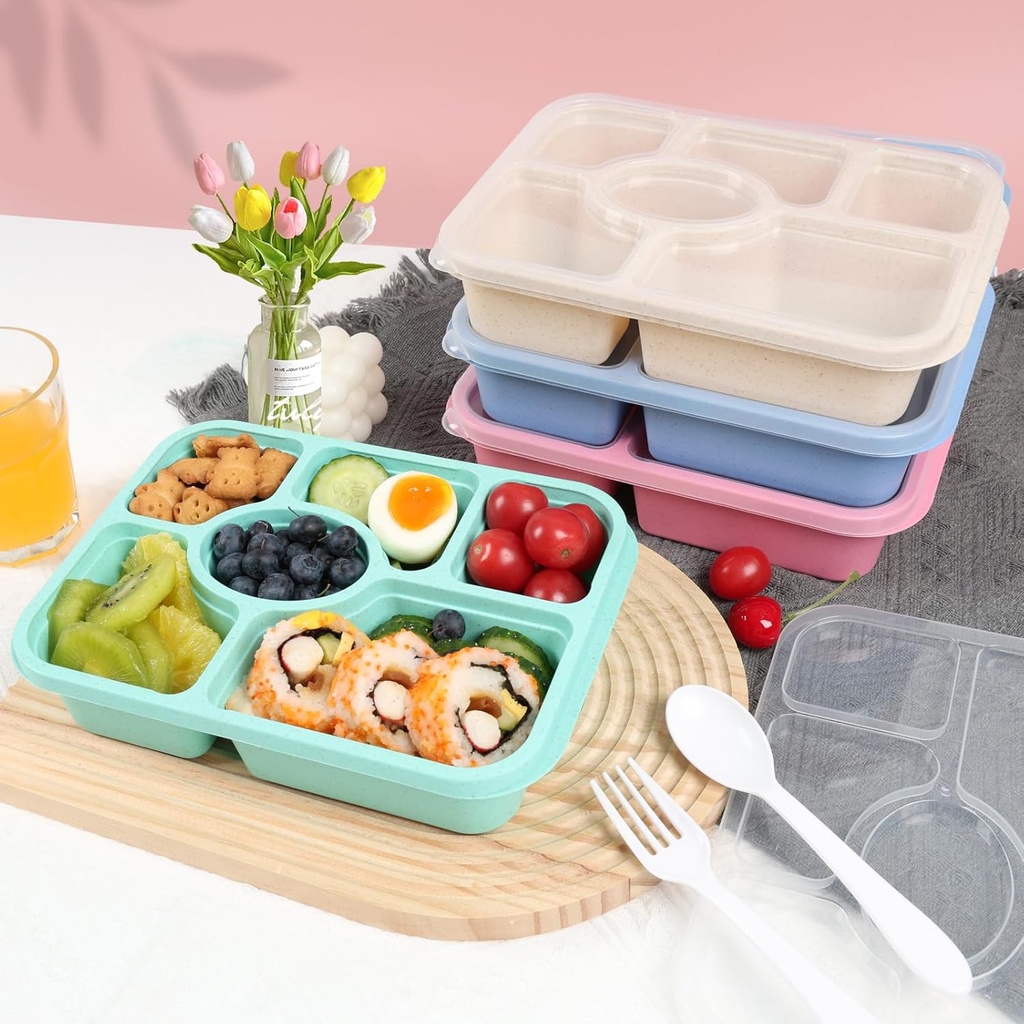 Bento box, 4 snack containers with 6 compartments, reusable meal preparation containers, lightweight lunch containers for children and adults, Stackable, Work, and Travel(Wheat(Green/Blue/Pink/Beige))