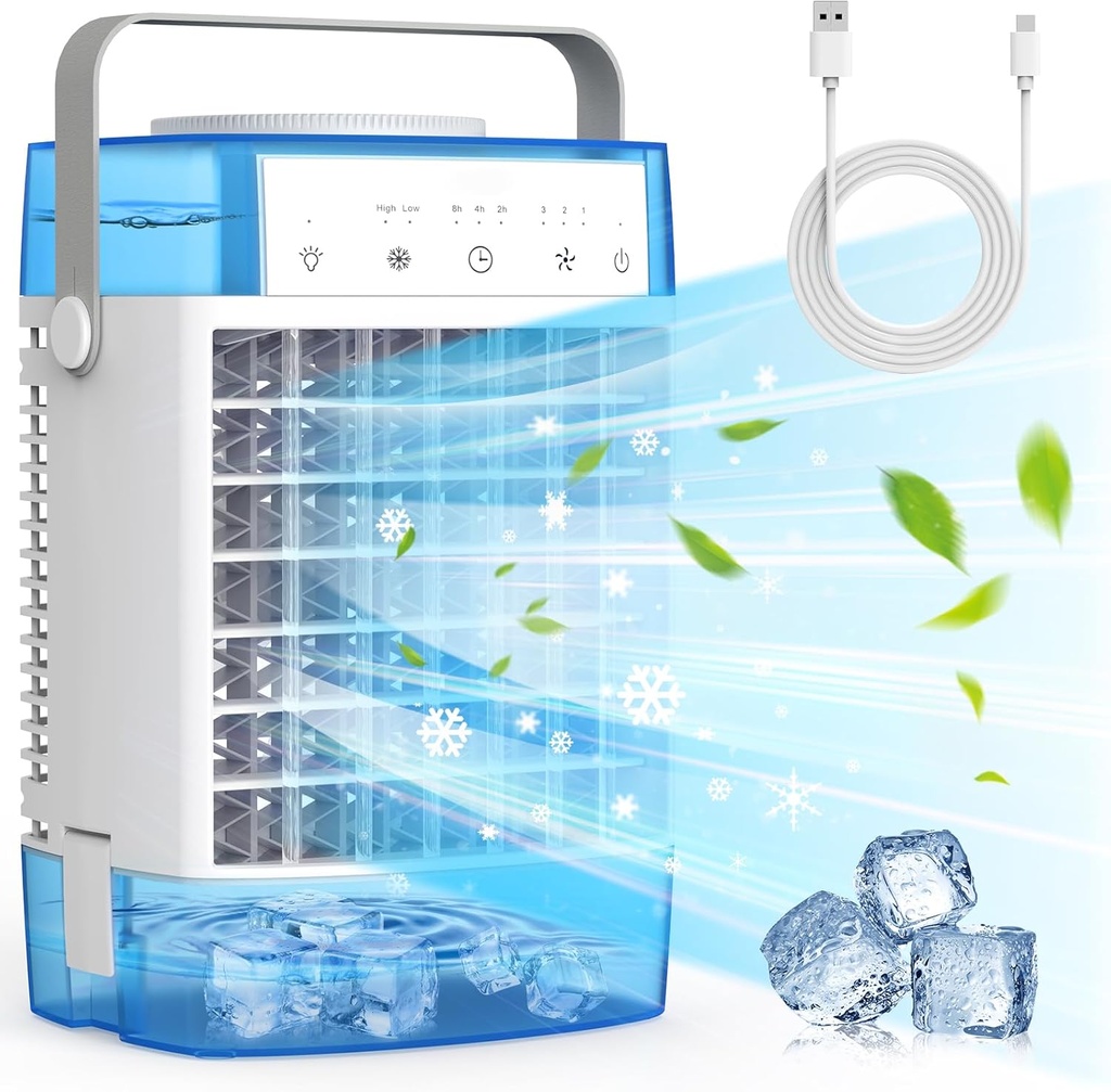 Portable Air Conditioners,3-Speed Small AC Unit, Evaporative Air Cooler with Timer function,7-Color Nightlight,Double Tank, 2 Mist modes,Personal Air Conditioner for Bedroom,Office,Room-Blue