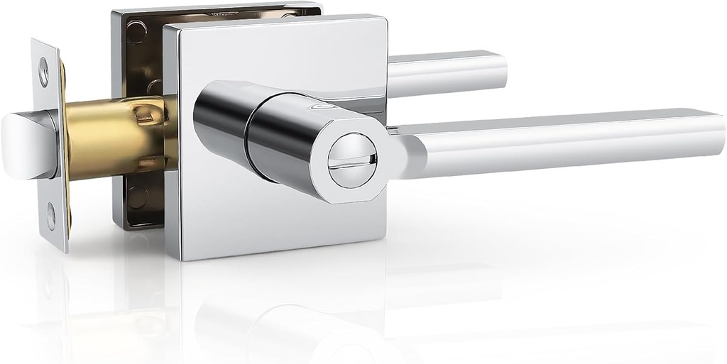 Probrico 1 Pack Polished Chrome Door Handle Interior Door knob Privacy Lever Square Keyless Lock for Bedroom or Bathroom Right & Left Side Door Lock