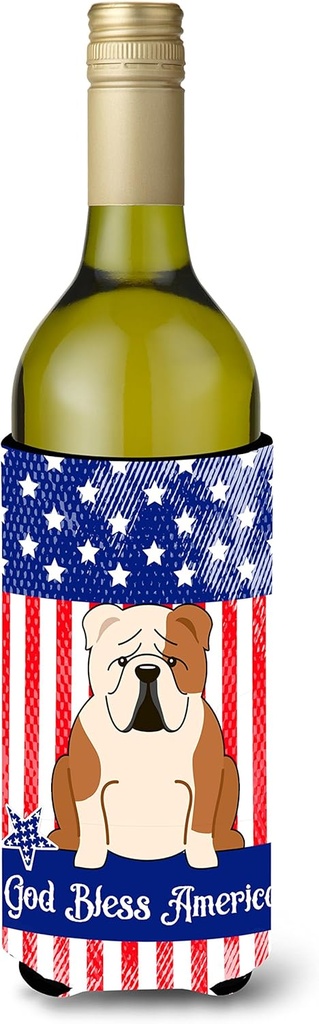 Caroline's Treasures BB3120LITERK Patriotic USA English Bulldog Fawn White Wine Bottle Hugger Bottle Cooler Sleeve Hugger Machine Washable Collapsible Insulator Beverage Insulated Holder