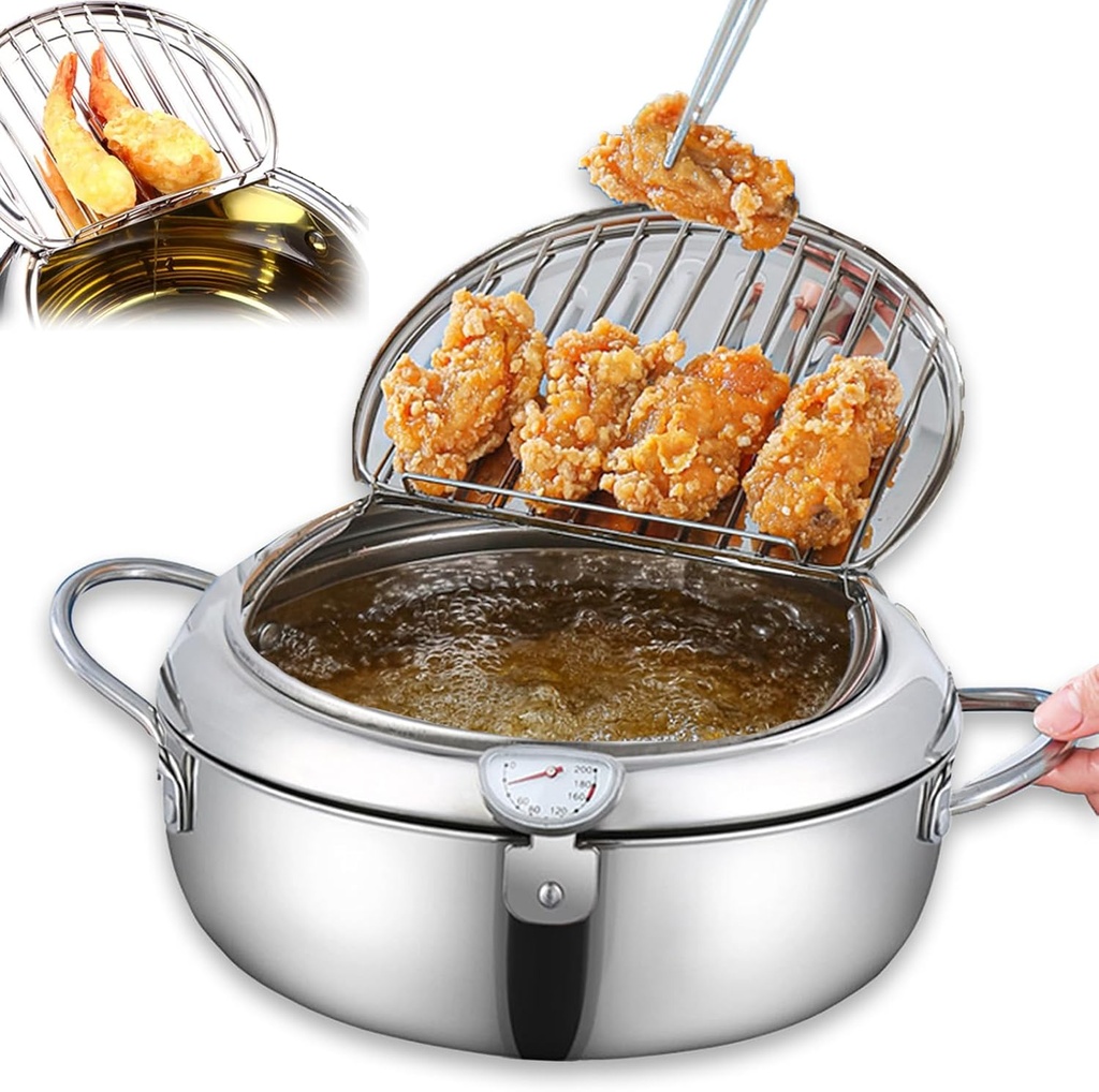 Japanese Deep Fryer Pot, 304 Stainless Steel Frying Pot with Thermometer and Oil Drip Drainer Rack, Tempura Deep Fryer Pots with Basket and lid for Kitchen French Fries, Chicken etc (7.9'')