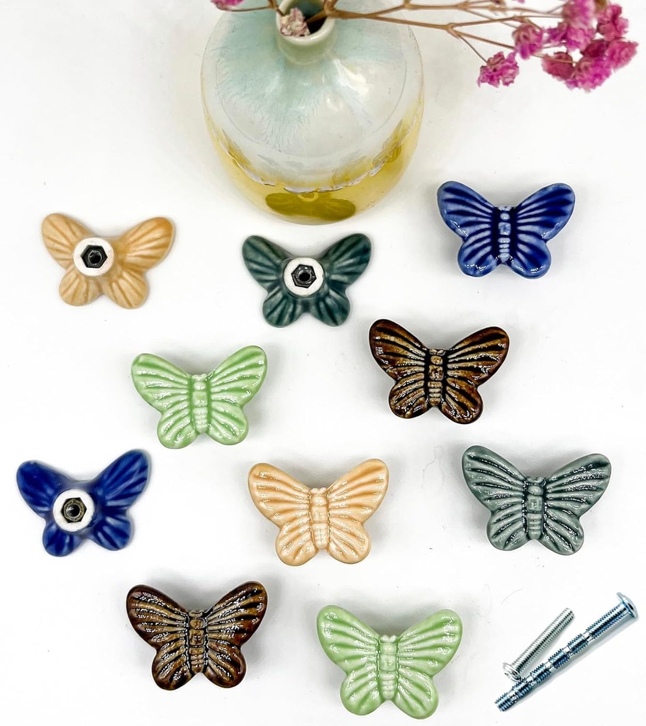 Porcelain Butterfly Knobs - 10Pcs Butterfly Ceramic Handles - Exquisite Butterfly Dresser Knobs for DIY Cabinet Furnitures Decor