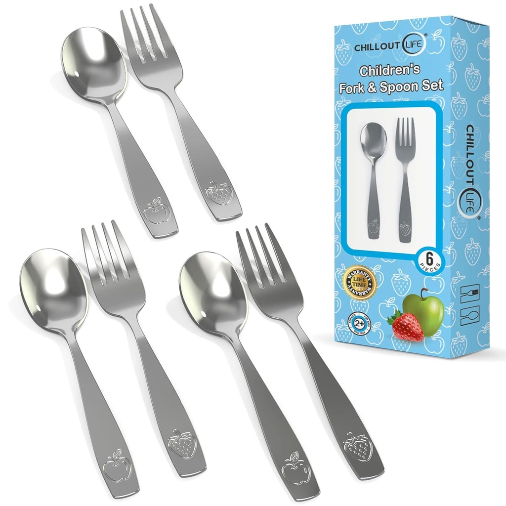 CHILLOUT LIFE Stainless Steel Kids Silverware Set 6 Pieces - Child and Toddler Safe Flatware - Kids Utensil Set - Metal Kids Cutlery Set (Includes 3 Small Kids Spoons & Kids 3 Forks)