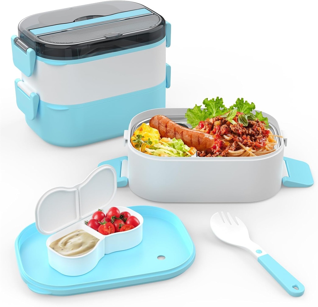 Adult Lunch Box, Stackable Bento Lunch Container for Adults, 2 Layer Portable Lunch Containers with Utensils, Sauce Jar, Muffin Liners, Microwave & Dishwasher Safe(BLUE)