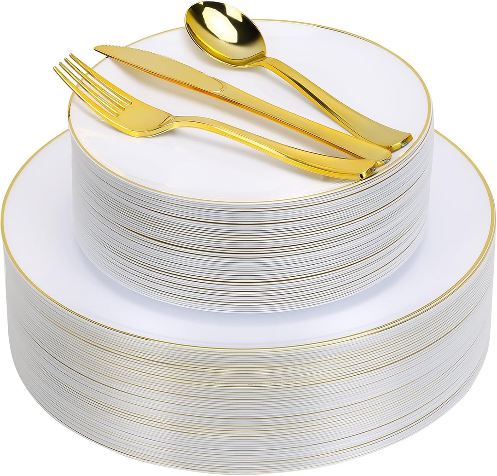 Moretoes 250PCS Gold Disposable Dinnerware Set, White and Gold Plastic Party Plates for 50 Guests, Includes 50 Dinner Plate,50 Dessert Plate,150 Gold Cutlery for Wedding & Party