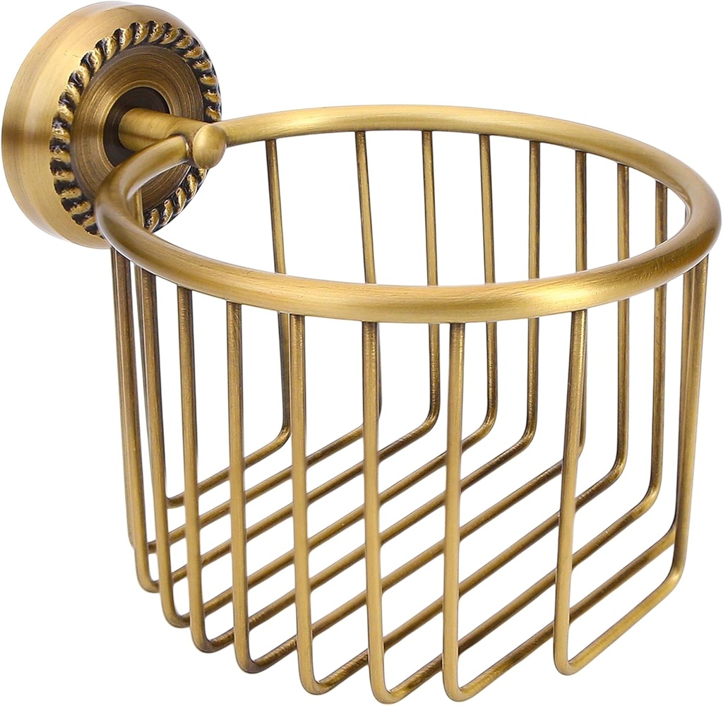 Vintage Bronze Wall Mounted Toilet Paper Holder – Antique Brass Bathroom Accessories Tissue Dispenser with Stable Metal Stand, Wire Basket Storage Rack - for Roll with Diameter <5inch Only