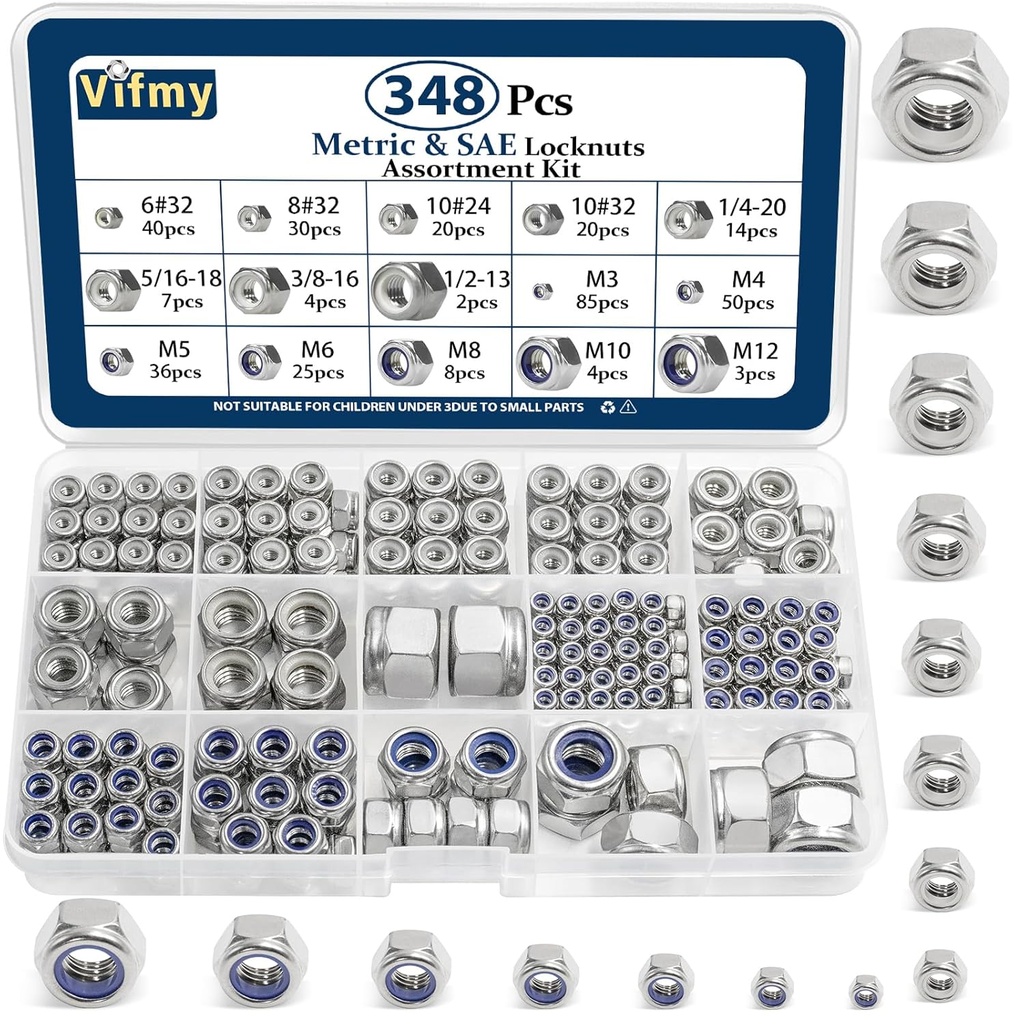 SAE & Metric Nylon Insert Lock Nuts Kit(348Pcs),6#32 8#32 10#24 10#32 1/4-20 5/16-18 3/8-16 1/2-13 M3 M4 M5 M6 M8 M10 M12 304 Stainless Steel Locknuts Sets