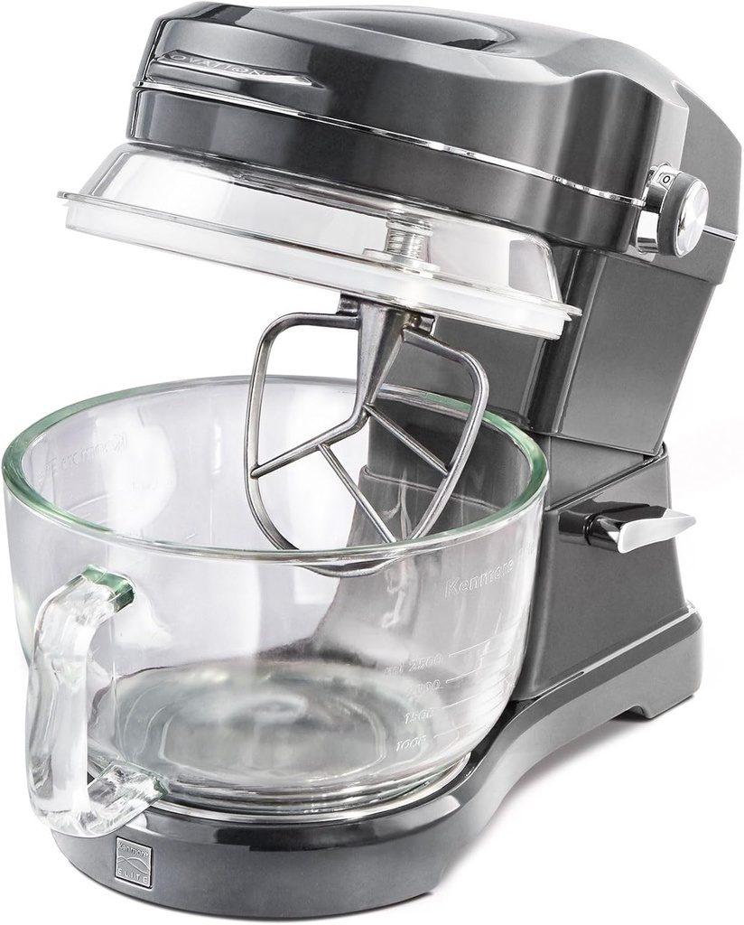 Kenmore 500W Oviation Stand Mixer - 10 Speed Mixing, Tilt-Head, Handheld Glass Bowl With Pouring Top Splash Guard, Flat Beater, Whisk, Dough Hook Attachments Countertop Kitchen Appliance, 5QT Grey