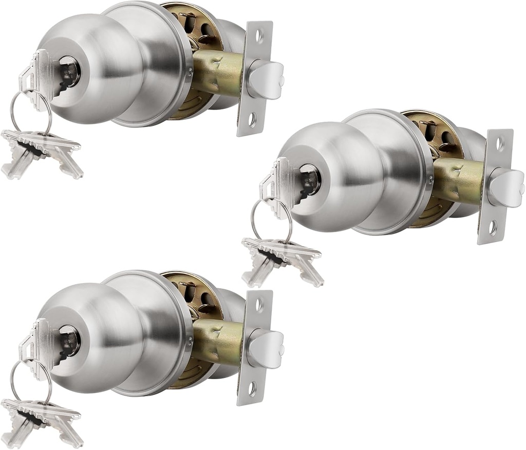 Knobonly 3 Pack Keyed Entry Door Knobs Exterior/Interior, Satin Nickel Round Door Knob with Key, Different Key for Each Pack, Stainless Steel Door Handle Lock