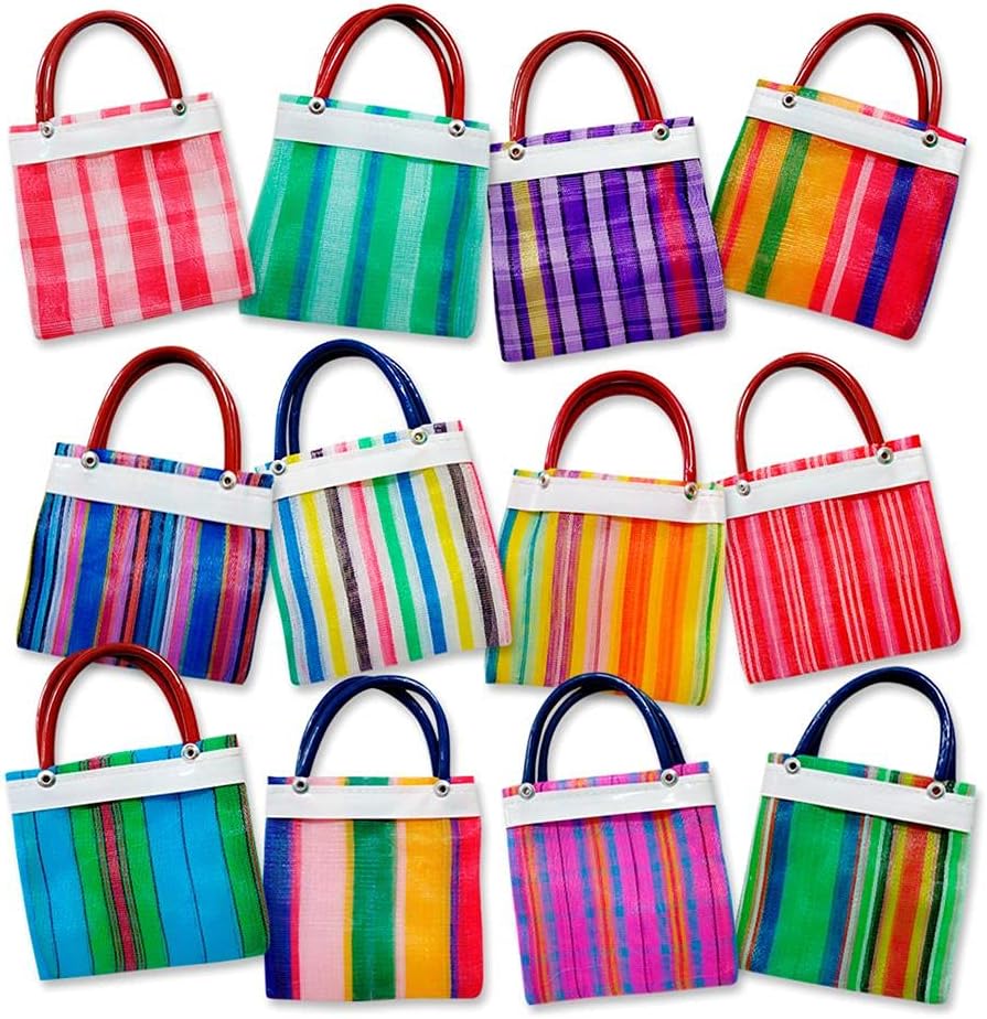 More Fiesta 12 Mini Mexican Tote Mercado Bags 5 inch by 5 inch - Assorted Colors - Small Mexican Mercado Bags (High Thread Mesh)