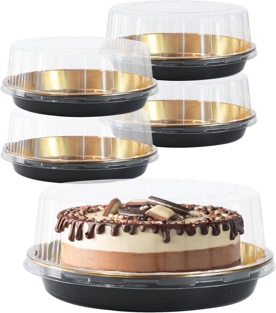 FEOOWV 5Pack 10inch Round Clear +Glod Cake Carriers for Transport Plastic Disposable Cake Containers Carriers with Dome Lids and Cake Boards Clear Bundt Cake Boxes