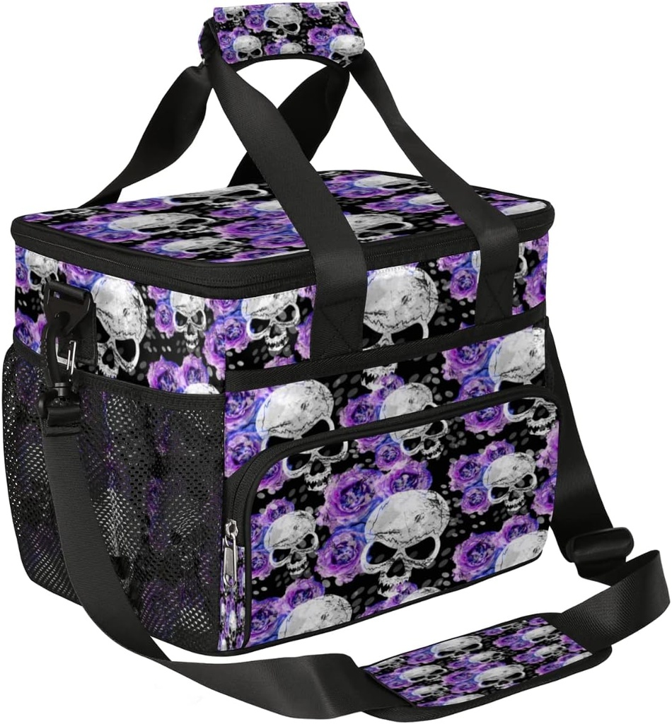 Insulated Cooler Lunch Bag Vintage Gothic Skull Purple Rose Lunch Box Leakproof Large Tote Bag Reusable for Women Men Picnic Travel (15L)