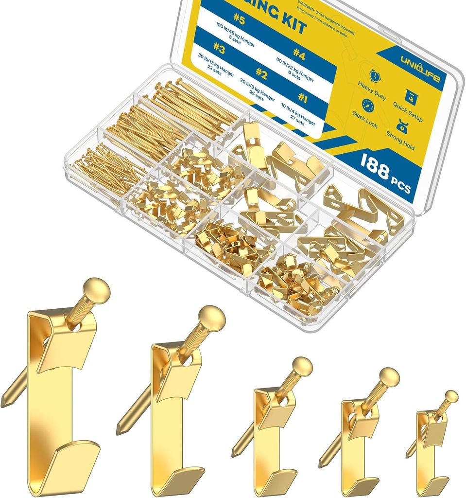 Uniclife 188 Pcs Picture Hanging Kit, 10 lb, 20 lb, 30 lb, 50 lb, 100 lb Heavy Duty Picture Hangers for Drywall & Wood, Picture Hanging Hooks, Frame Hooks for Hanging Photos Mirrors Paintings