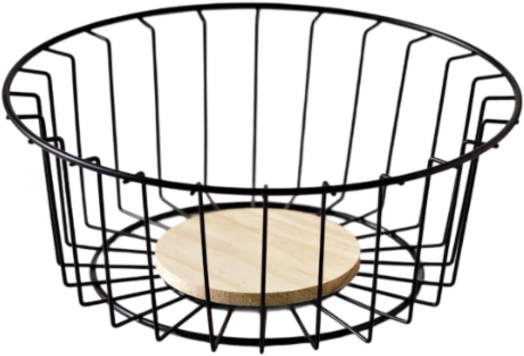 Fruit Basket Fruit Vegetable Storage Basket with Wooden Base Home Decor Desktop Space Saver Serving Bowl Coffee Pod Holder, 25cmx9.5cm