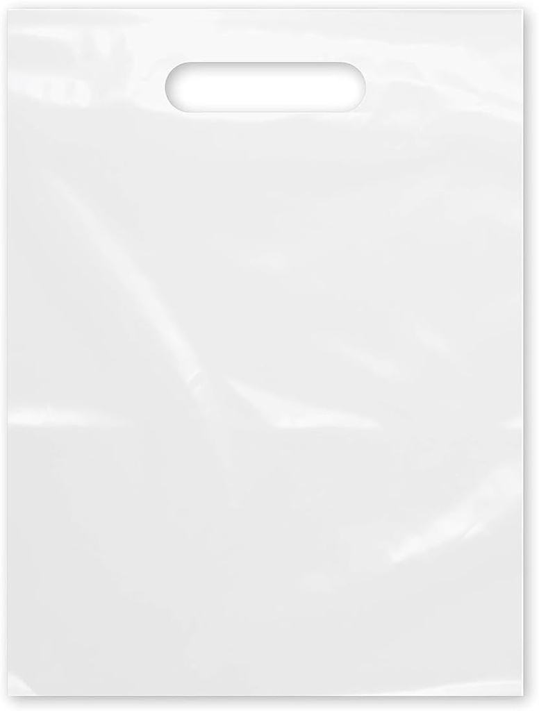 Purple Q Crafts Plastic Bag With Die Cut Handle 9" x 12" White Merchandise Bags 100 Pack for Retail, Gifts and Shows
