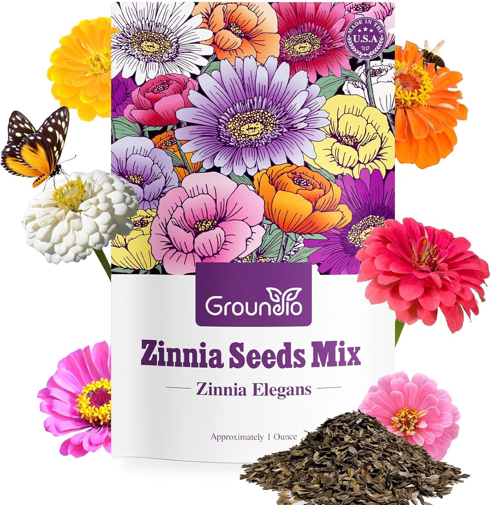 Zinnia Seeds Mix, 1 Oz, Over 3,000 Flowers Seeds, 5 Varieties (Pink, Yellow, Orange, White, Purple), Mixed Colors and Large Blooms,Open Pollinated - Bulk