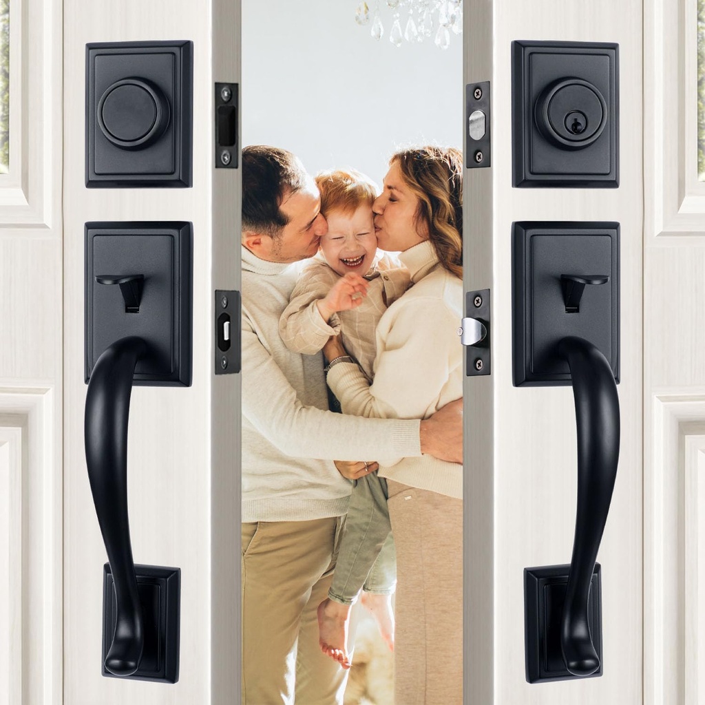 Matte Black Double Door Handleset, Heavy Duty Keyed & Dummy Exterior Door Knob Lockset, Lower Half Grip Handle, Left&Right Handed