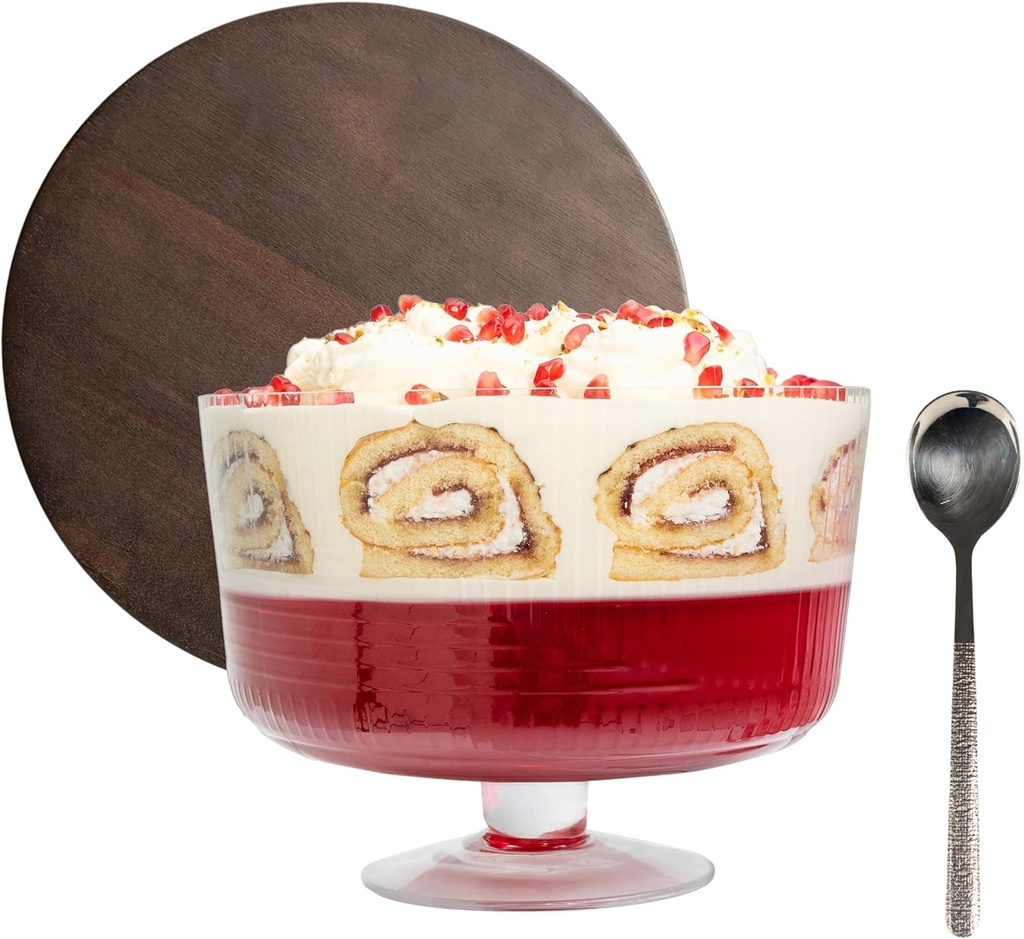 Large Trifle Bowl with Lid (120oz) - Stainless Steel Silver Serving Spoon & Acacia Wood Lid - Trifle Bowl Glass, Glass with Pedestal - Truffle Dish for Layered Desserts, Fruits, Salads, Punch