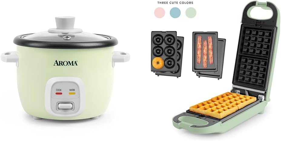 AROMA® Housewares Mini Rice & Grain Cooker and Waffle Maker Bundle - Cook Rice, Grains, and Make Waffles, Paninis, and Donuts | Includes 4-Cup (Cooked) Rice Cooker and 3-in-1 Swap & Flip Waffle Maker