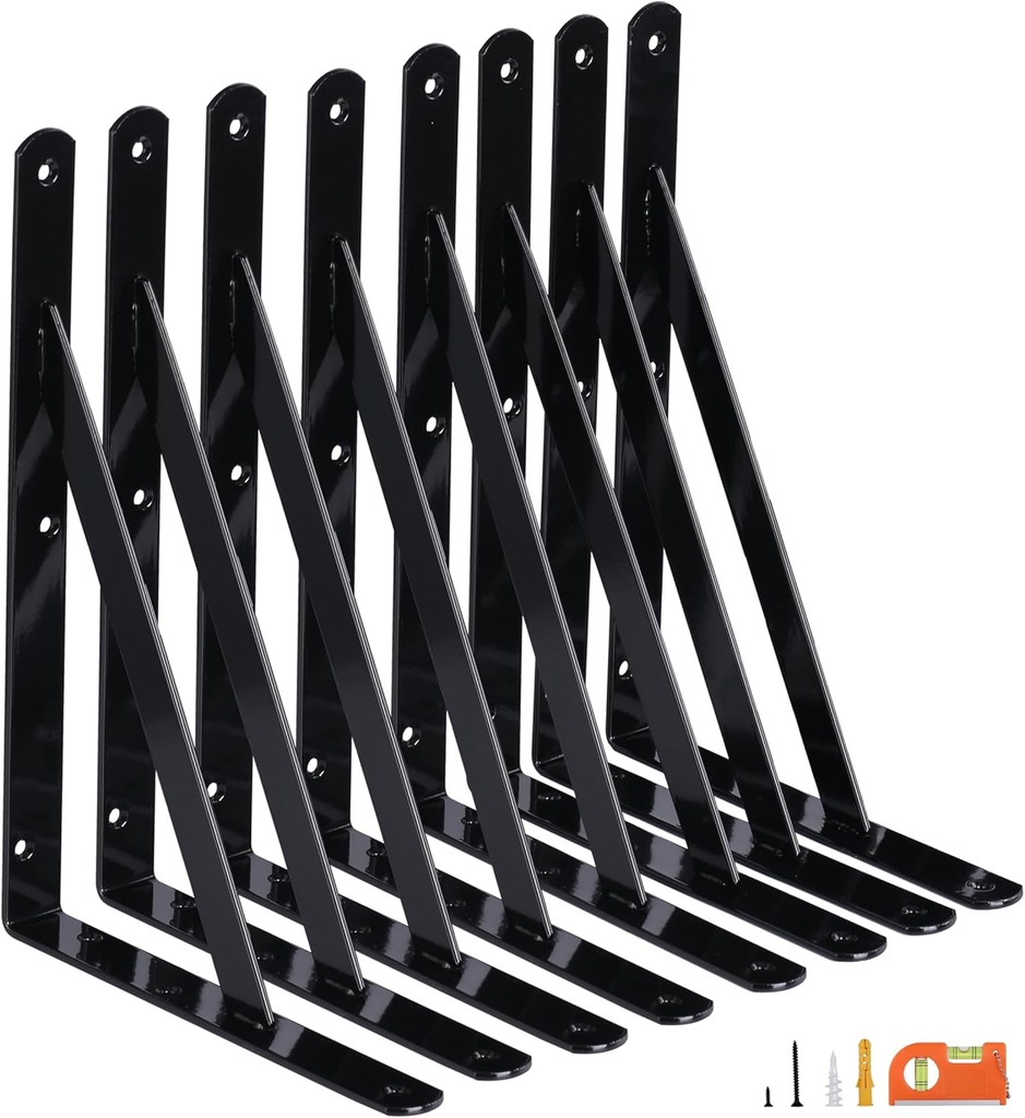 8-Pack 12 Inch Heavy Duty Shelf Brackets, Large Wall Bracket for Garage Kitchen Floating Shelves, Black Powder-Coated Steel