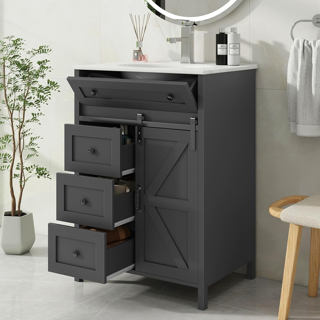 Vabches Bathroom Vanity with Sink Set, Freestanding Bathroom Storage Cabinet with Sink and Matte Silver Faucet, Grey