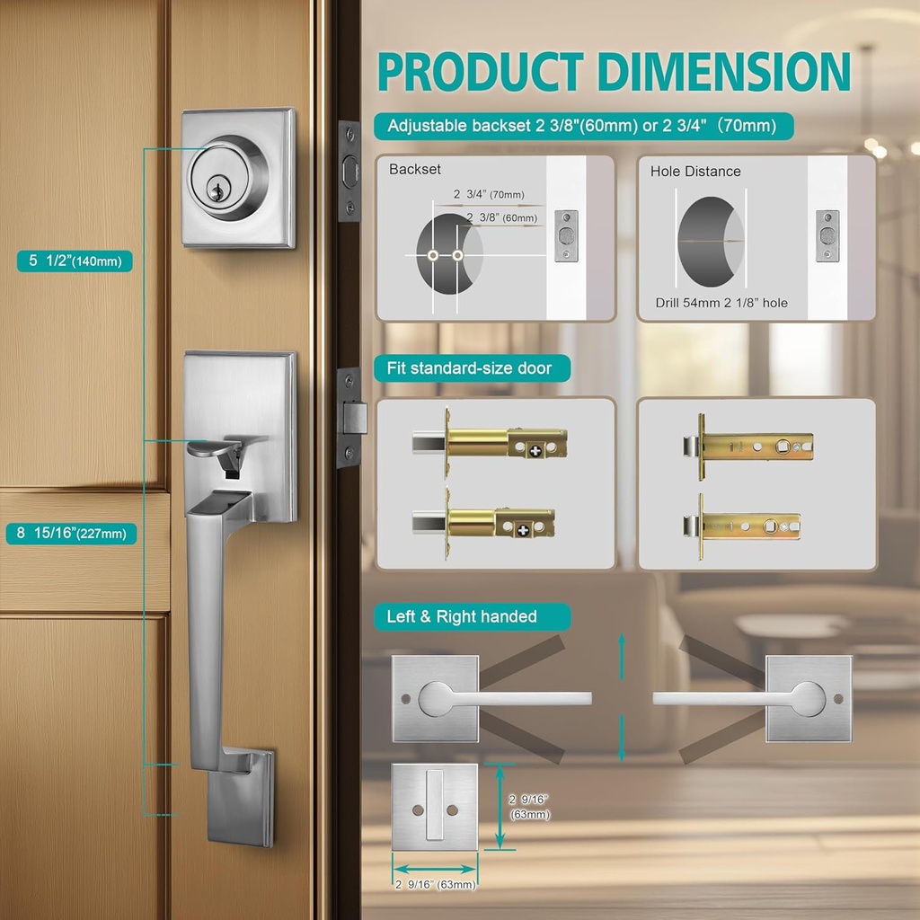 TOGU HS14D-L08 Heavy Duty Single Cylinder Handle Set with Lever Door Handle,Solid Entry Door Lock Set Lever Set for Home Exterior Doors, Easy Installation, Brushed Nickel