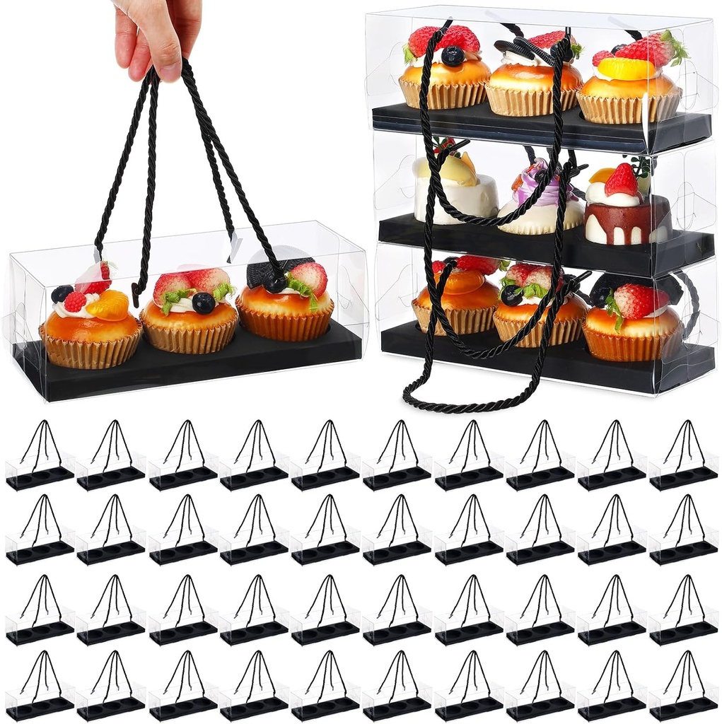 Thenshop 40 Pcs Clear Cupcake Boxes 9 x 3 x 3 Inch Rectangular Cupcake Containers 3 Compartments Pastry Packaging Cookies Gift Box with Rope Handle for Graduation Gifts Birthday Wedding Party(Black)