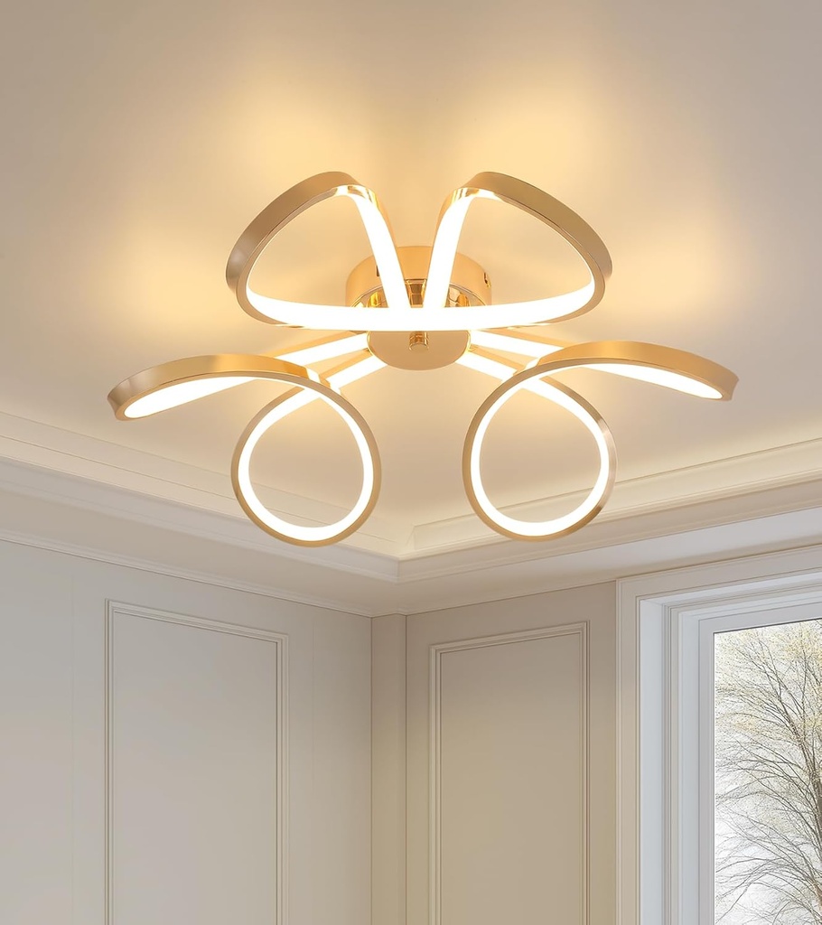 Q&S Modern Dining Room Light Fixture,Kitchen Led Ceiling Light,Dimmable Gold Flush Mount Ceiling Light Fixture for Bedroom with Remote,Led Chandelier for Living Room Hallway 3-Color Change